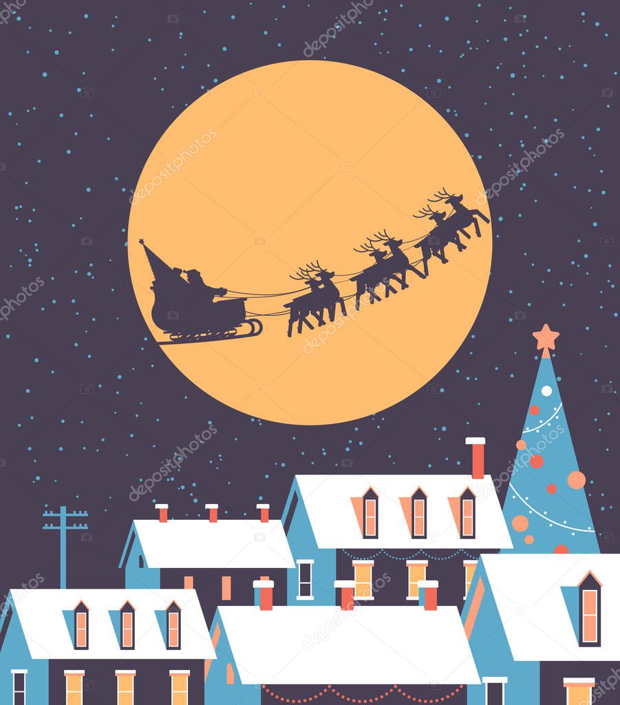 santa flying in sleigh with reindeers in night sky over snowy village houses merry christmas happy new year winter holidays concept greeting card flat