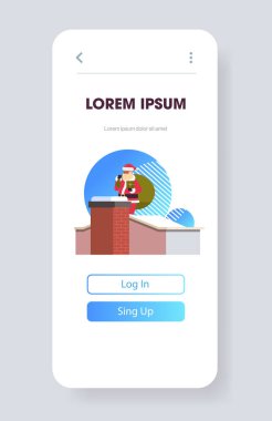 Noel Baba çatıda duruyor, bacanın yanında mutlu noeller, mutlu noeller, akıllı telefon ekranı, mobil selamlama kartı, tam boy dikey.