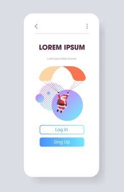 Noel Baba paraşütlü mutlu noeller mutlu noeller akıllı telefon ekranlı mobil uygulama selamlama kartı tam boy dikey