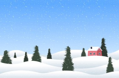 Noel 'de kır manzarasında çam ağaçları ve ev kartpostalları mutlu noeller yeni yıl kutlamaları tebrik kartları yatay