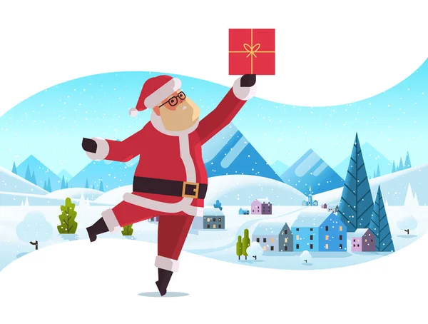 Santa claus celebración regalo regalo regalo caja feliz navidad feliz año nuevo concepto vacaciones invierno nevadas paisaje fondo felicitación tarjeta longitud completa horizontal — Vector de stock