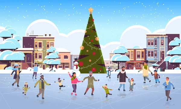 Mix závod lidé na bruslení venkovní kluziště veselé Vánoce nový rok zimní dovolená koncept moderní město ulice s zdobené jedle strom cityscape pozadí plné délky byt horizontální — Stockový vektor