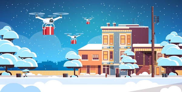 Delivery drones carrying gift present boxes merry christmas happy new year winter holiday airmail concept modern snowy city street cityscape background horizontal — Stock Vector