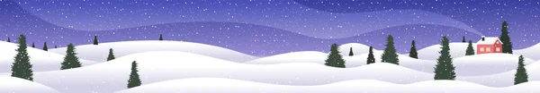 Jul vinter landskap med tallar och hus vykort god jul gott nytt år semester firande gratulationskort horisontellt — Stock vektor