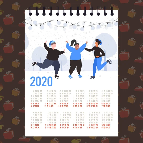Lua 2020 calendário pessoas patinando na pista de gelo inverno esporte atividade Feliz Natal feliz ano novo inverno feriados celebração conceito — Vetor de Stock