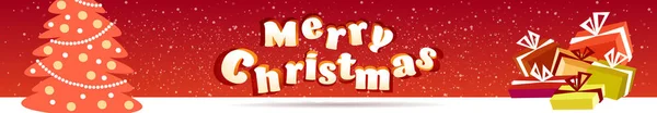 Vrolijk kerstfeest gelukkig nieuwjaar poster met ingepakte geschenkdozen en versierde dennenboom winter vakantie viering concept wenskaart horizontaal — Stockvector