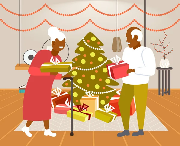 Ηλικιωμένοι αφρικανοί ζευγάρι δίνοντας δώρο κουτιά δώρο ο ένας στον άλλο Καλά Χριστούγεννα ευτυχισμένο το νέο έτος χειμώνα διακοπές γιορτή έννοια σύγχρονο σαλόνι εσωτερικό πλήρες μήκος οριζόντια — Διανυσματικό Αρχείο