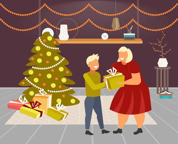 Mãe dando caixa de presente para o pequeno filho feliz natal feliz ano novo inverno feriados celebração conceito moderno sala de estar interior comprimento total horizontal — Vetor de Stock