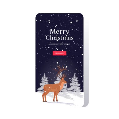 çizgi film ren geyikleri kış ormanlarında sevimli geyik hayvan tebrik kartı mutlu noeller yeni yıl akıllı telefon ekranı internet mobil uygulaması tebrik mektupları.
