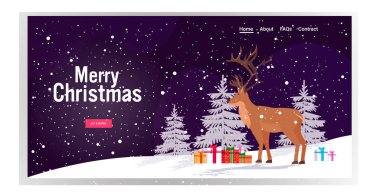 Çizgi filmlerdeki ren geyikleri hediye kutularının yanında duruyor. Kış ormanlarındaki sevimli geyik hayvan kutlaması. Mutlu yıllar.