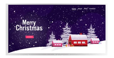 Noel 'de kır manzarası, çam ormanlarında evler, kartpostallar, mutlu noeller, yeni yıl kutlamaları, yatay tebrik kartları.