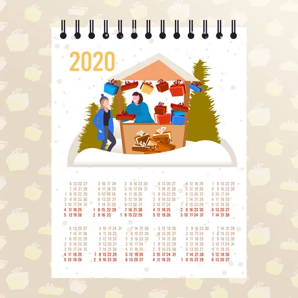 Mulher comprar caixa de presente em presentes stall lua 2020 calendário Natal mercado inverno conceito justo feliz ano novo feliz feliz xmas feriados esboço — Vetor de Stock