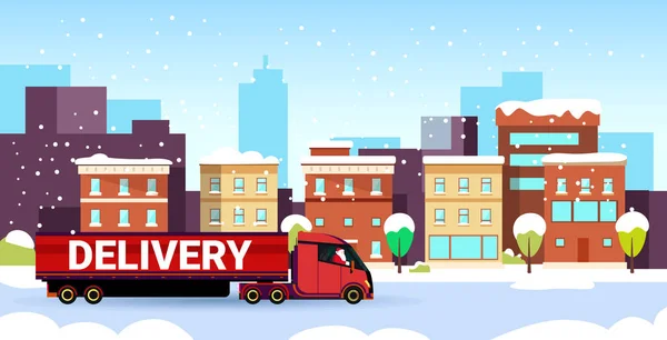 Santa claus driving delivery semi truck with gift box container shipping transport for merry christmas happy new year snowy city street modern cityscape background horizontal — Stock vektor