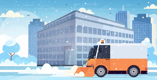 Snow plow truck cleaning city road afrer snowfall winter snow removal concept modern cityscape background horizontal — Stock Vector