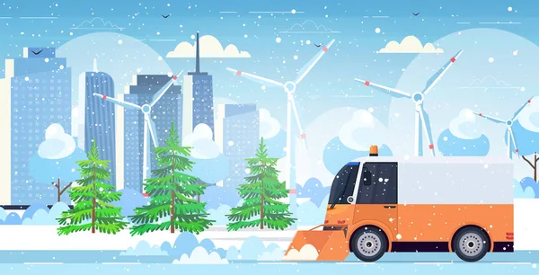 Snow plow truck cleaning city road afrer snowfall winter snow removal concept modern cityscape background horizontal — Stock vektor