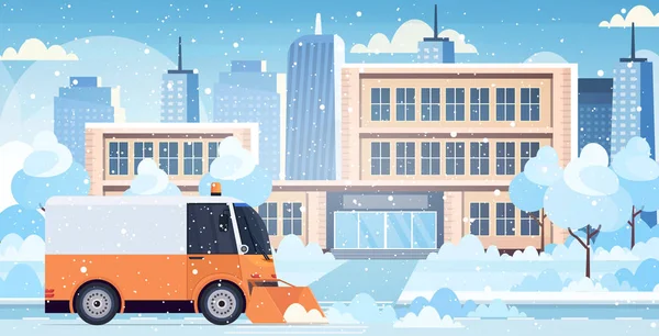 Neve arado caminhão limpeza cidade estrada afrer neve queda inverno neve remoção conceito moderno paisagem urbana fundo horizontal vetor ilustração — Vetor de Stock
