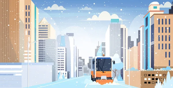 Snow plow truck cleaning city road afrer snowfall winter snow removal concept modern cityscape background horizontal — Stock vektor