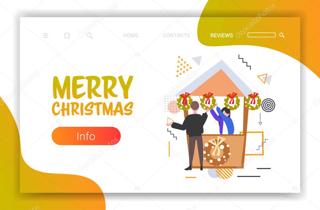 man buying green wreath with red bow in stall with female seller christmas market winter fair concept happy new year merry xmas holidays celebration full length sketch horizontal
