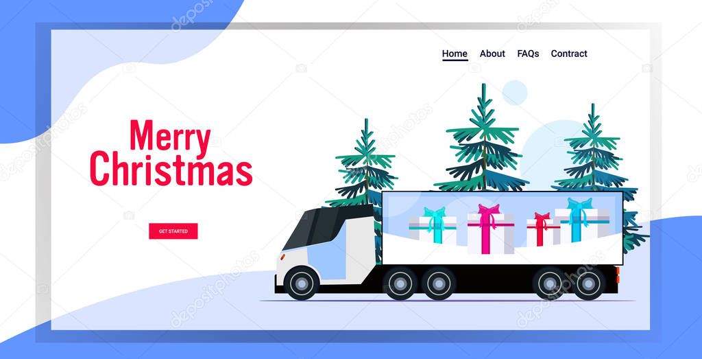 delivery semi truck driving road merry christmas happy new year holidays concept snowy winter landscape background horizontal greeting card copy space