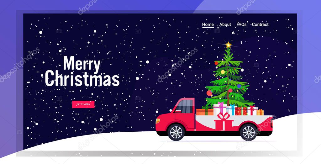 red pickup car with fir tree and gift present boxes merry christmas happy new year winter holidays concept snowfall background horizontal copy space