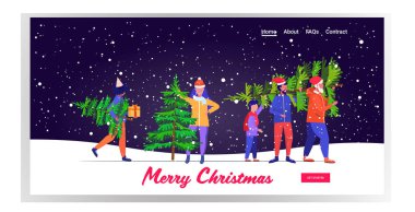 İnsanlar yeni kesilmiş Noel ağacı taşıyorlar kış tatili kutlaması konsepti kar manzarası arka plan selamlama kartı tam boy