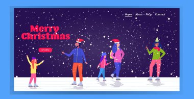 Tatil konseptinde buz pateni pistinde kayan insanlar karışık yarış arkadaşları birlikte zaman geçiriyorlar kar yağışı manzarası arka planı tam uzunlukta yatay freeting kart