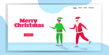 Noel Baba, elf yardımcısıyla buz pateni pistinde kış sporu aktivitesinde mutlu noeller, yeni yıl kutlaması konsepti tam yatay tebrik kartı.