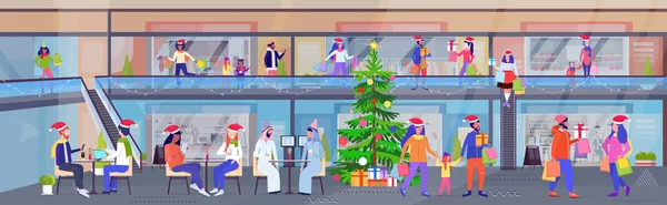Άνθρωποι με αγορές και δώρο δώρα κουτιά περπάτημα στο εμπορικό κέντρο Καλά Χριστούγεννα ευτυχισμένο το νέο έτος χειμερινές διακοπές έννοια πλήρους μήκους σκίτσο οριζόντια — Διανυσματικό Αρχείο