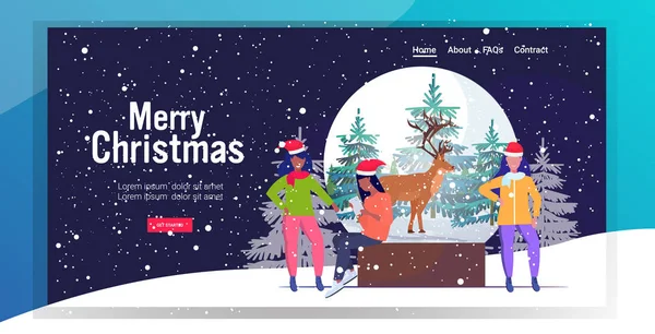 Niñas en sombreros de Santa Claus cerca de la bola mágica de Navidad con renos feliz año nuevo feliz Navidad vacaciones de invierno concepto de celebración tarjeta de felicitación horizontal de longitud completa — Vector de stock