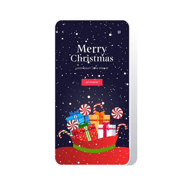 Gran saco de santa claus con coloridas cajas de regalo Feliz Navidad feliz año nuevo vacaciones de invierno concepto completo bolsa de regalos teléfono inteligente pantalla aplicación móvil en línea tarjeta de felicitación — Vector de stock