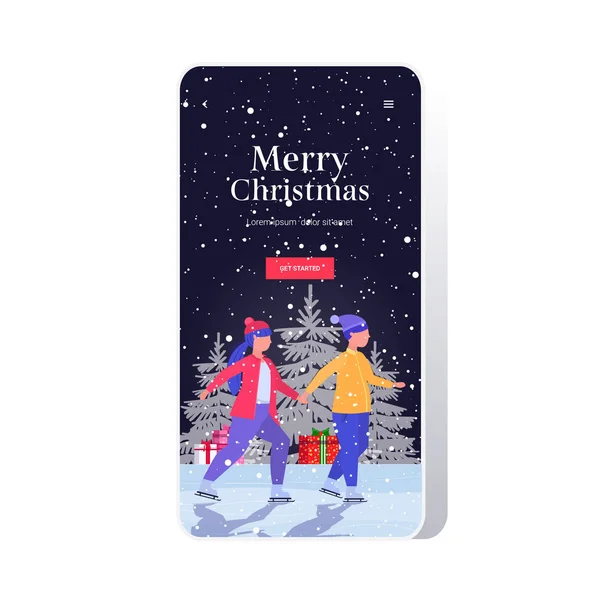 Couple skating on ice rink winter sport activity merry christmas new year holidays concept man woman in santa hats spending time together smartphone screen online mobile app full length — Stock Vector