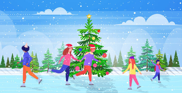 люди катаются на катке на замерзшем озере зимние виды спорта отдых на праздниках концепция смешивать гонки друзья проводят время вместе снегопад ландшафтный фон по всей горизонтали
