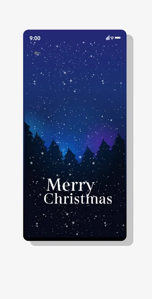 Brillante cielo estrellado noche pino bosque feliz año nuevo feliz navidad celebración concepto smartphone pantalla aplicación móvil en línea tarjeta de felicitación vertical — Vector de stock