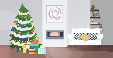 Noel tatili için dekore edilmiş köknar ağacıyla modern oturma odası. Yatay ev konsepti.