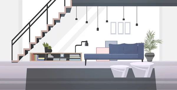 Sala de estar ou sala de espera com sofá livro prateleira mesa de café e escadaria moderno escritório interior horizontal — Vetor de Stock