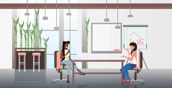 Женщины-предпринимательницы, сидящие на рабочем месте, обсуждают новый стартап-проект в рамках концепции совместной работы — стоковый вектор