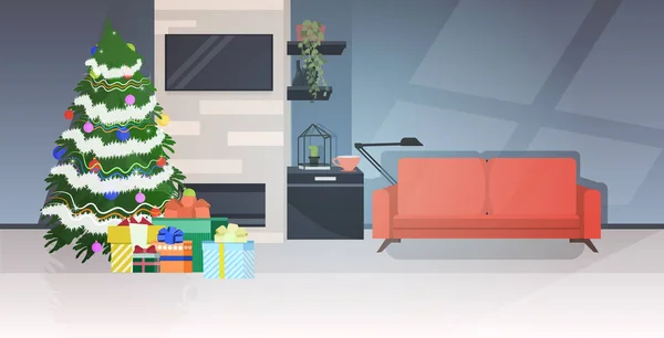 Moderna sala de estar com abeto decorado para Natal feriados celebração conceito horizontal casa apartamento interior horizontal — Vetor de Stock
