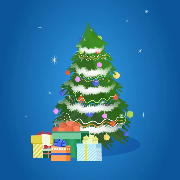 クリスマスツリー近くのプレゼントボックスメリー・クリスマスお正月お祝いグリーティングカード — ストックベクタ