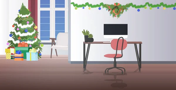 Local de trabalho criativo vazio sem pessoas armário decorado para Natal feriados celebração escritório moderno interior horizontal — Vetor de Stock