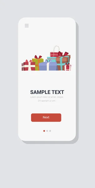 Geschenk Geschenk-Boxen Frohe Weihnachten Frohe Weihnachten Neues Jahr Feiertage Feier Konzept Smartphone-Bildschirm online mobile App vertikal — Stockvektor