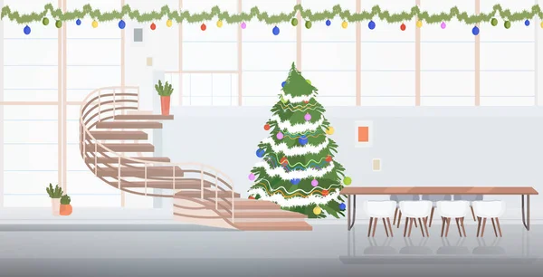 Centro de coworking decorado para Natal feriados celebração moderna sala de reuniões com mesa redonda escritório interior horizontal — Vetor de Stock