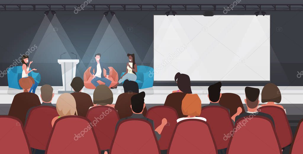 business people sitting on bean bags giving speech on conference meeting modern boardroom interior full length horizontal