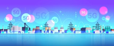 Fabrika binaları 5g çevrimiçi kablosuz sistem bağlantı tesisi borular ve baca elektrik santrali üretim teknolojisi konsepti yatay düz