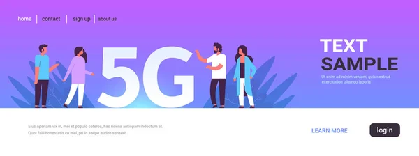 Menschen diskutieren während des Treffens mit 5g Online-drahtlose Systemverbindung fünfte innovative Generation von High-Speed-Internet-Konzept volle Länge horizontale Kopierraum — Stockvektor