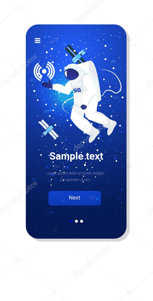 astronaut exploring space cosmonaut in spacesuit using 5g wireless system internet connection astronomy cosmos concept smartphone screen mobile application full length copy space vertical
