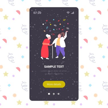 Şişman kız ve son sınıf öğrencisi yeni yıl kutlamaları mutlu kış tatili konsepti konfeti akıllı telefon ekranı mobil uygulama tam boy vektör illüstrasyonu