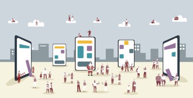 Noel Baba şapkalı insanlar çevrimiçi mobil uygulama kullanan erkekler kurumsal yeni yıl partileri konsepti olan kadınlar akıllı telefon ekranlı şehir manzarası arka planı tam boy