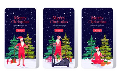 Noel Baba farklı egzersizler yapıyor sakallı adam çalıştırma konsepti yılbaşı kutlaması akıllı telefon ekranları çevrimiçi mobil uygulama tam boy vektör çizimi