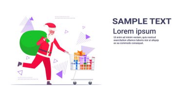 Noel Baba hediye kutularıyla el arabası satıyor Noel bayramlarını kutluyor alışveriş konsepti tam boy yatay fotokopi alanı