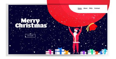 Noel Baba büyük çuval tutuyor mutlu yeni yıl kış tatilleri kutlaması konsepti tebrik kartı fotokopi alanı tam boy